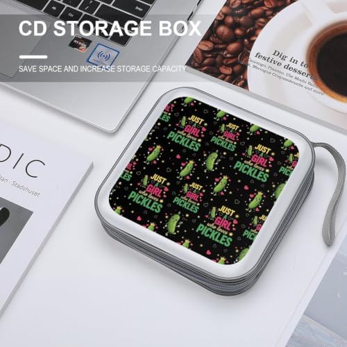 40 Capacity CD Case Holder Pickles Disc Wallet Organizer Binder | Portable Zipper DVD Storage with Strap for Car Office Home Travel, Hard Plastic, Just A Girl Who Loves Pickles