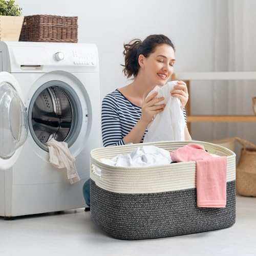 Issudata Large Blanket Basket, Rectangle Woven Baskets for Storage, Blanket Storage for Living Room, Cotton Rope Basket for Toys，Big Storage Basket for Blankets