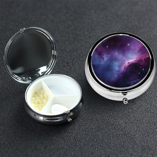 Pill Box 3 Compartment Medicine Pill Case for Pocket or Purse Mini Metal Pillcase Purple&Blue Galaxy Pill Holder Vitamin Organizer Portable Travel Pills Container to Hold Supplements Vitamins