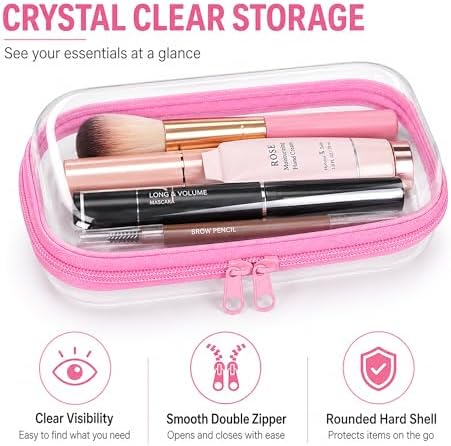2-Pack Clear Hardshell Zipper Case, 1.2mm Thicken Crush-Proof Travel Toiletries Bag, TSA Approved Portable Zipper Pouches, Rigid Toiletry & Diaper Bag Organizer for Tech, Toys & Art Supplies(Pink)