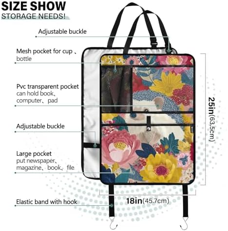 1 Pack Back Seat Car Organizer with Storage Pockets Kick Mats Back Seat Protector Hanging Car Organizer Automotive Seat Back Cover Organizers Garden Flowers Hedgehogs Colorful