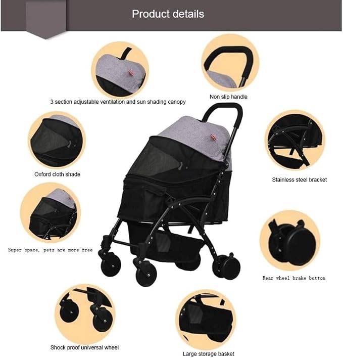 Double Dog Stroller Pet Trolley Cart 4 Wheels Foldable Pram for Cat Dog 360° Rotation Front Wheel Pet Travel Stroller Quick Folding (A) (A)