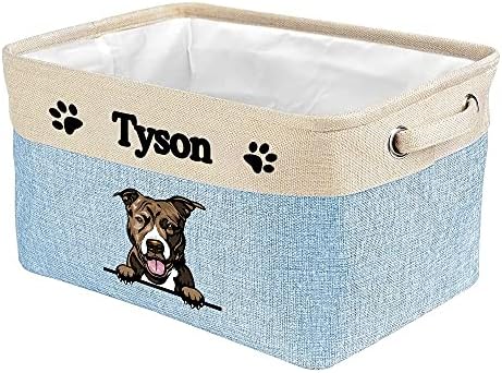 Personalized Fabric Dog Toy Storage Basket with Funny Dog Pit Bull Collapsible Sturdy Fabric Pet Toys Storage Bin Cube with Handles for Organizing, Blue amd White