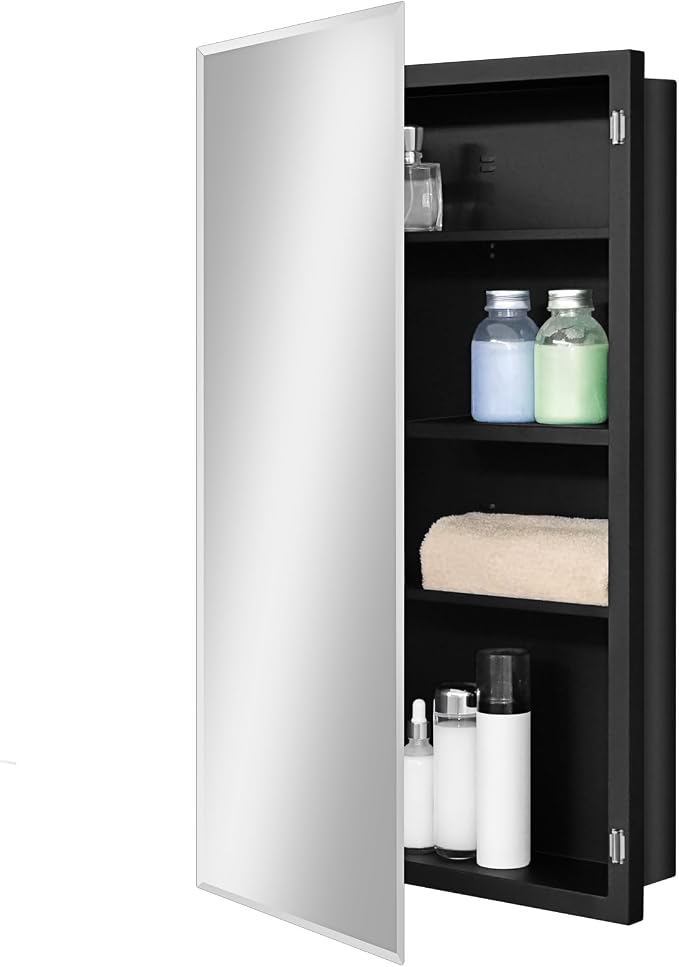 Black Metal Medicine Cabinet, 18 x 30 Beveled Mirror, Recessed Wall Storage | Bathroom Mirror Cabinet with Adjustable Staggered Shelves, Piano Hinge, Left/Right Swing, Fully Assembled, Matte Black Finish