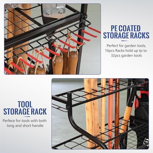 Mythinglogic Rolling Garden Tool Organizer for Garage, Yard and Lawn Tools | Metal rolling rack with multiple tool slots, movable hooks and locking casters for rakes, shovels, brooms and yard tools