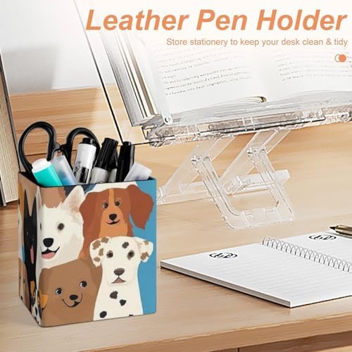 Modern Leather Desk Organizer Pen Cup Pencil Holder Cute Puppy Dog Makeup Brush Storage