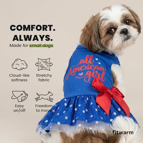 Fitwarm All American Girl Dog Dress - Patriotic Tulle Dress for Small Dogs, Royal Blue, Red, White