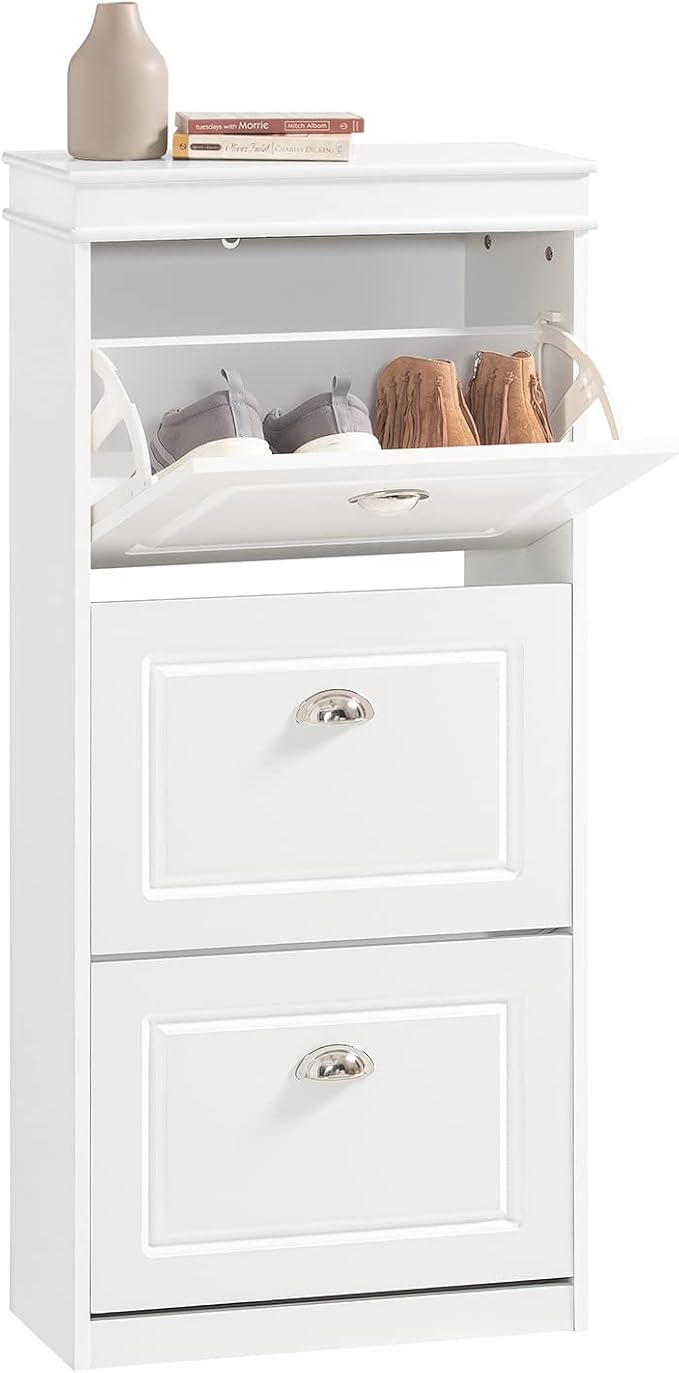 Haotian Narrow Shoe Cabinet, Slim Shoe Rack Entryway, Hidden Shoe Storage Organizer with 3 Flip Drawer for Hallway White FSR94-W