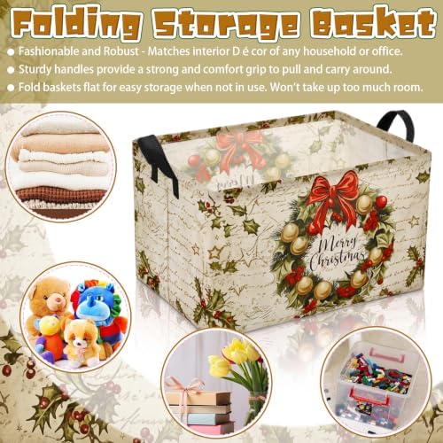 Chunful 4 Pack Christmas Storage Baskets for Gifts Collapsible Christmas Santa Claus Reindeer Retro Farmhouse Laundry Storage Bins Foldable Box with Handles for Home Bedroom Office Clothes Containers