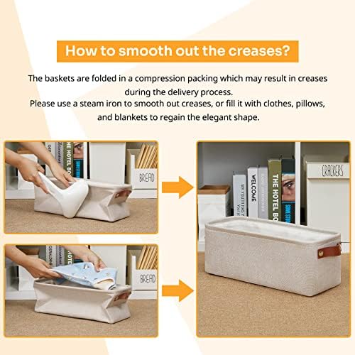 DULLEMELO Small Storage Basket, Toilet Paper Basket Narrow Storage Bin for Bathroom, Bathroom Basket for Organizing with Leather Handles, Canvas Storage Basket for Toilet Magazine Holder(Beige)