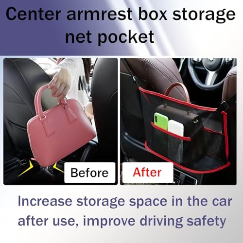 Car Net Pocket Handbag Holder, Organizer Mesh Bag Between Front Seats, Driver Storage Netting Pouch for Handbag Purse, Universal Car Accessories for Women and Men, Pet/Kids Car Barrier (Red)