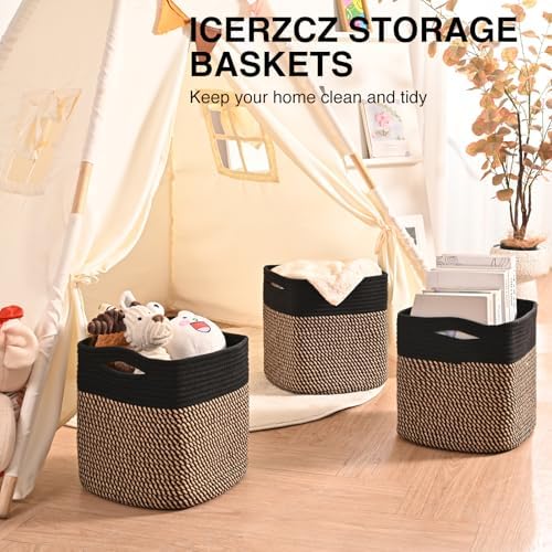 ICERZCZ 11 Inch Cube Storage Bins, Storage Cube Organizer Bins, Woven Cotton Rope Baskets for Storage, Storage Basket for Organizing Shelves, Square Baskets for Toys Nursery, Black & Jute (Pack of 3)