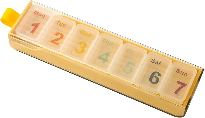 7 Days Travel Pill Dispenser Case, Weekly 7 Compartment Pill Box | Mini Portable Daily Medicine Pill Organizer, Every Day Dose, Senior-Friendly, for Vitamins, Supplements, Fish Oil (Yellow)