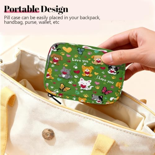 Weekly Pill Organizer Travel Size Bag with Removable 7 Day Pill Box Portable Vitamin Case Purse with Zipper,Pets Hearts Love Pattern