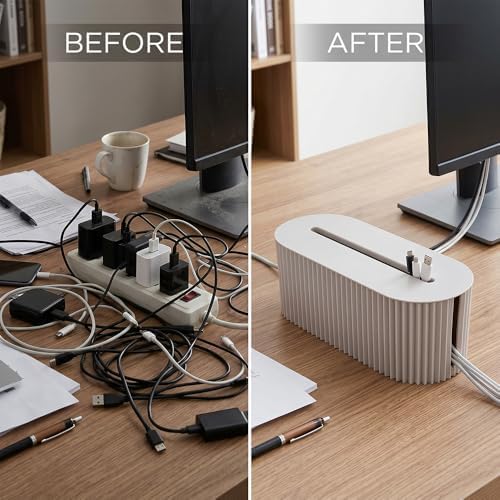 Cable Management Box – Home & Office Desk Cord Organizer Hide Power Strip & Under Desk TV Computer Wire Pet Friendly Child-Proof Floor Cord Management Cover - Beige