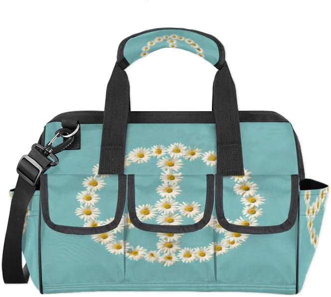 Floral Peace Sign Heavy Duty Tool Bag 14.8 Inch Daisy Portable Soft Tool Box Organizer Storage with Adjustable Shoulder Strap