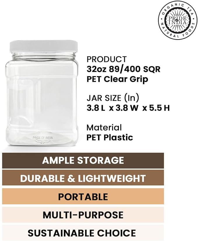 Pride of India Clear Food Grade PET Plastic Jars – 32 Fluid Ounce, 6-Jar Pack | Square-Grip Plastic Containers for Snacks, Pet Food, Kitchen, Pantry & Household Storage (3-4 Cup Storage Capacity)