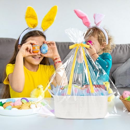 OIAHOMY Woven Basket, Gift Basket Empty with Gift Bags, Ribbons and Wrap Tissue Paper, Rope Baskets for Baby Showers, Storage Baskets with Handles for Nursery, Pet Toy Organizer - Easter White
