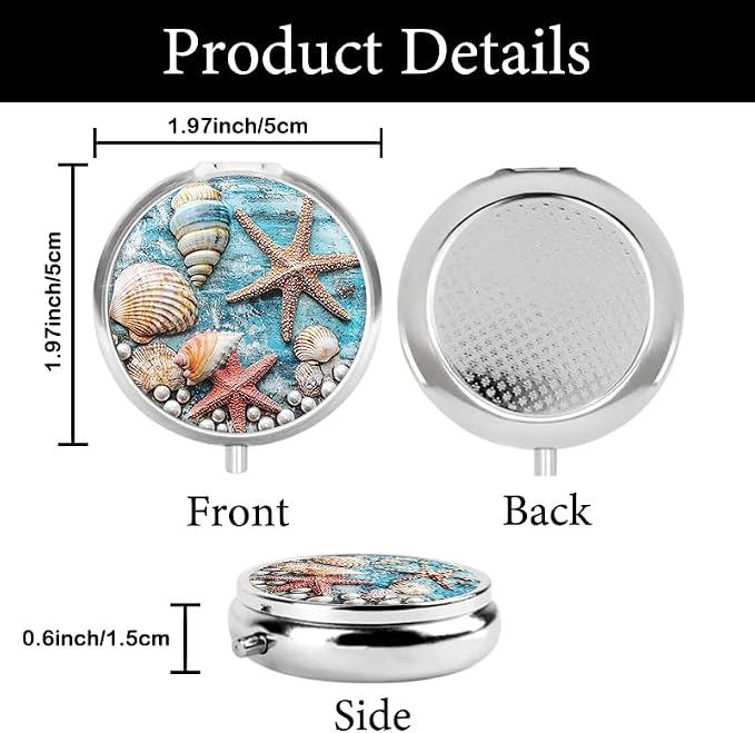 Portable Round 3 Compartment Metal Pill Box Beautiful Marine Style with Starfish Shells and Pearls for Travel Organizing Beach Trips and Home Decoration