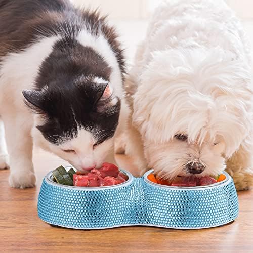 Dog Bowls Water and Food Bowls Stainless Steel with Non-Slip Resin Station and Bling Rhinestones, Pet Feeder Bowls for Puppy Medium Dogs Cats Puppy Pets (Blue, Double)