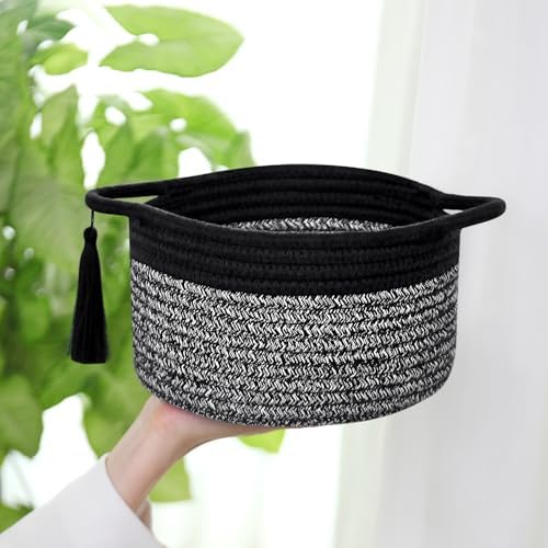 Small Gift Basket Empty to Fill, Gift Bag & Ribbon, Black Gray | Cute Decorative Mini Woven Rope Basket with Handles for Gifting; Reusable for Bathroom Counter or Desk Catchall, 8 x 4.7 in