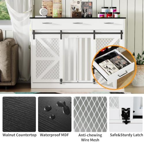 48" Dog Crate Furniture with Storage, Heavy Duty Dog Kennel Indoor with Divider for Small, Medium and Large Dogs, Large Dog Cage with Sliding Barn Door, Decorate House as TV Stand, End Table