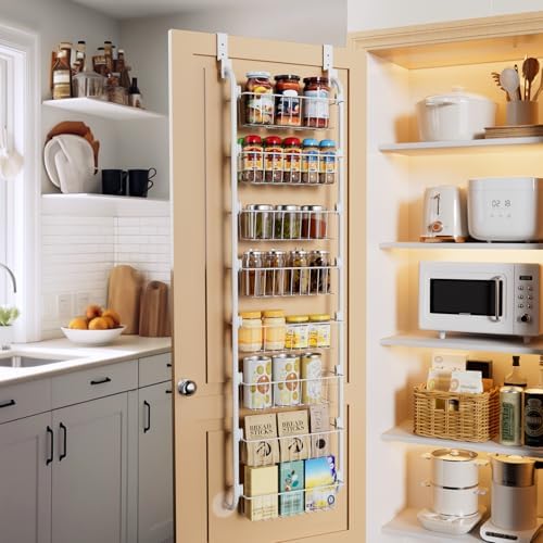Delamu Narrow Over The Door Pantry Organizer, 8-Tier Metal Pantry Door Organization and Storage for Easy Install, Hanging Spice Rack Shelves, Door Organizer for Kitchen, 4.65"D x 13"W x 65"H, White