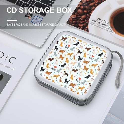 Hard Plastic Protective CD Case Cute Dogs Puppies Print, 40-Disc Capacity Storage Binder with Zipper, Portable Organizer for Home Office