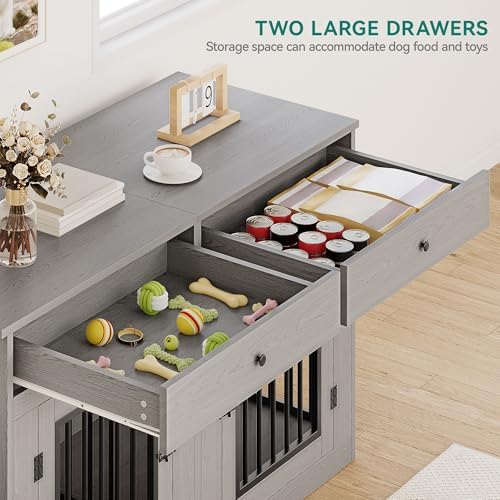 DWVO 60" Double Dog Crate Furniture for 2 Dogs with Storage Drawers