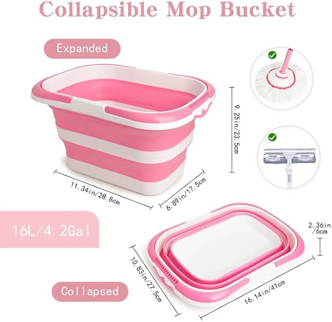 Large Collapsible Bucket for Cleaning, 4.2 Gallon (16L) Silicone Bucket with Handle & Hanging Hole, Foldable Space-Saving Mop Bucket for Home, Storage. Car Wash, Camping, Beach (Pink White)