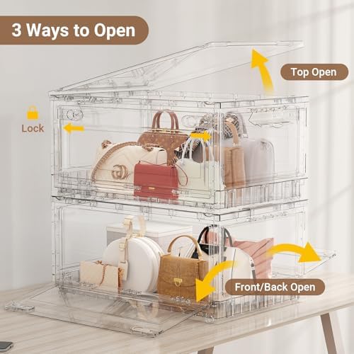 BROVIEW 240Qt Stackable Storage Bins with Lids Wheels, XL Clear Plastic Drawers Foldable Closet Organizers and Storage Cabinet Display Box Shelves with Front & Back Doors, for Home Room Office,3Pack