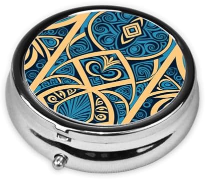 Blue Polynesian Maori Tribal Pattern Printed Pill Organizer,Round Travel Pill Organizer Mini Medicine Pill Box for Purse Iron Plating