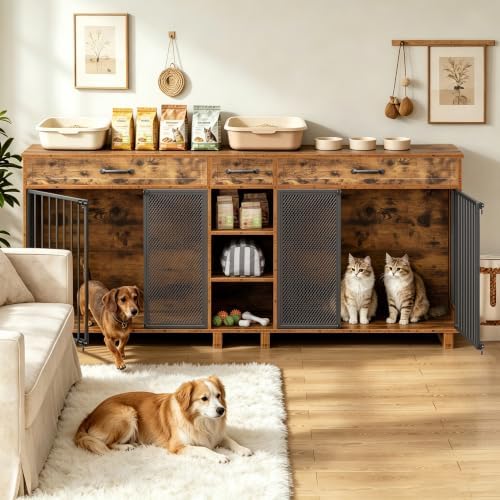 Double Dog Crate Furniture TV Stand, Wooden Dog Cage for Medium Large Dogs, Heavy Duty Single/Double Dog Crates for Small/Medium/Large Dogs,Large Size 78.74" L(35-60 Pounds), Brown