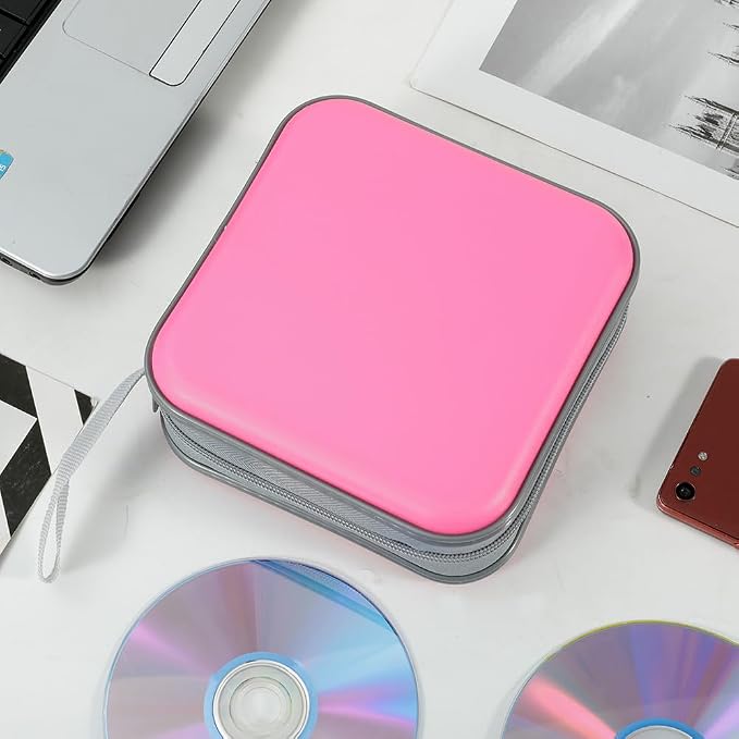 CD Case, 40 Capacity CD DVD Case Wallet Holder Portable Disc VCD Heavy Duty Binder Storage Organizer (Pink)