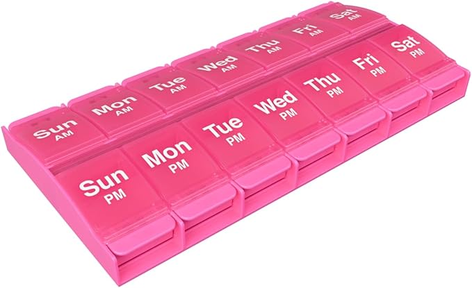 Ezy Dose Weekly (7-Day) AM/PM Pill Organizer, X-Large Medicine Case, Pink | Daily Vitamin Box & Supplement Planner, 2 Times a Day Push Button Compartments, Arthritis-Friendly, Travel-Friendly, BPA-Free
