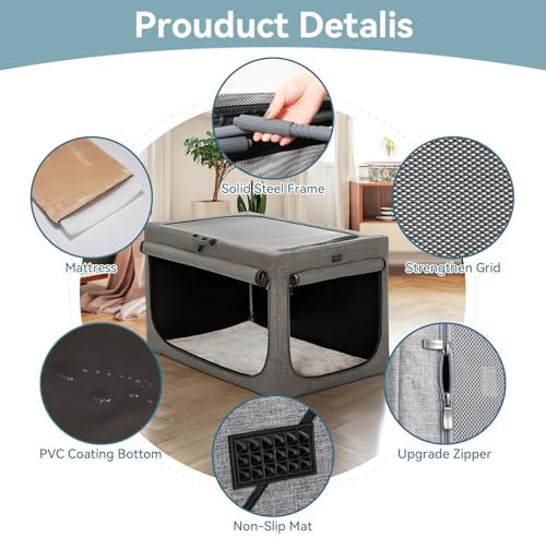 PETSFIT Portable Dog Crate for Small Dogs, – 24" Soft Dog Travel Crates with Lockable Zippers & Thicken Mat, Adjustable Patented Spiral Steel Frame, Collapsible Kennel for Indoor & Outdoor