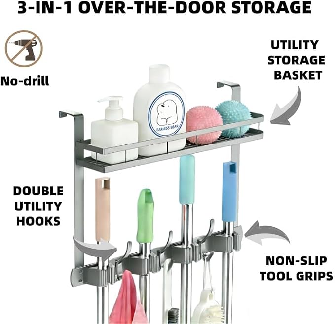 Over the Door Heavy Duty Metal Broom & Mop Holder, No-Drill Cleaning Supply Organizer with 4 Grips, 3 Hooks & 1 Storage Basket for Laundry Room & Garage
