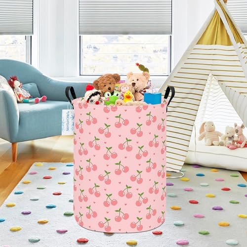 Round Laundry Basket Collapsible Storage Hamper Organizer Pink Cherry | Waterproof Canvas Foldable Baskets with sturdy Handles Multi-scene Organizer for Home Play Bedroom Gift Bin