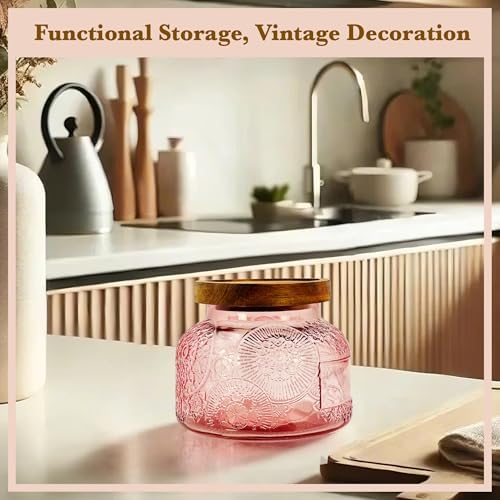 Decorative Pink Embossed Glass Jar with Airtight Wooden Lid, 25.4 fl. oz | Wide mouth vintage storage canister, kitchen pantry bathroom organization, coffee sugar tea cookie candy candle vase gift