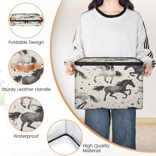 Vintage Horse Storage Box with Zipper Lid | Collapsible, Fabric, Storage Bin, Handle, Large, Closet Organizer, Containers, Bedroom, Home, Horses Theme