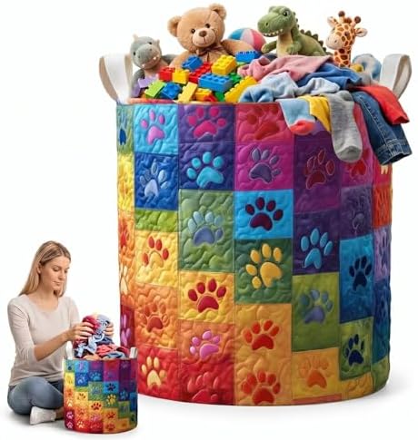 Bright Rainbow Plaid Laundry Hamper Cute Paw Print Clothes Basket Fabric Toy Organizer Bin Collapsible Laundry Bag with Handles(16" x 22")