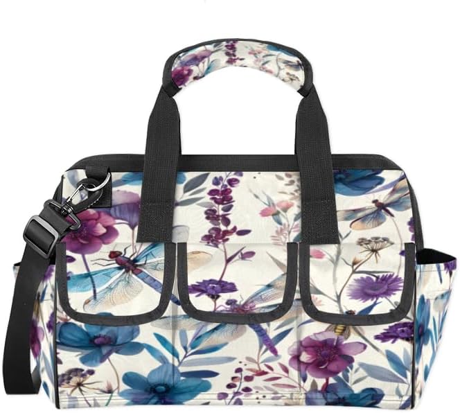 Dragonflies Flower Heavy Duty Tool Bag 14.8 Inch Dragonfly Floral Portable Soft Tool Box Organizer Storage with Adjustable Shoulder Strap
