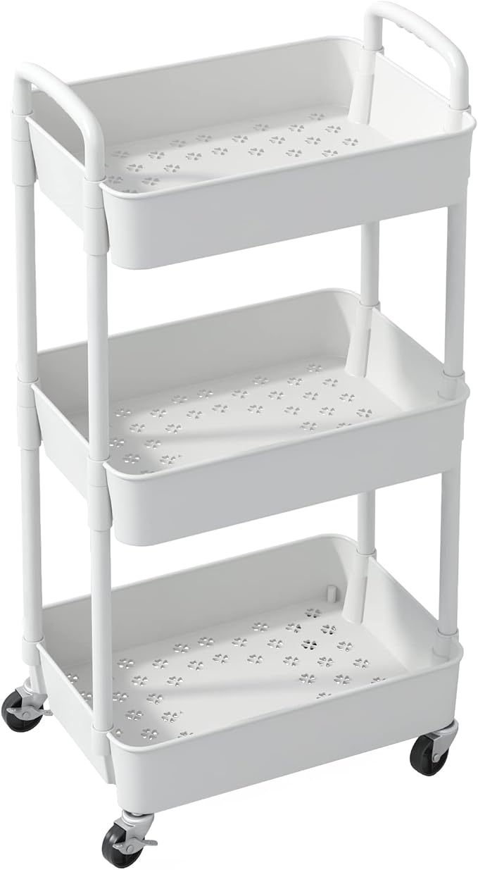 Sywhitta 3-Tier Plastic Rolling Utility Cart with Wheels for Storage,White | Multi-Functional Storage Trolley, for Office, Living Room, Kitchen, Bathroom,Movable Organizer,Space-Saving,Easy to assemble
