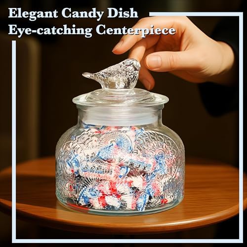 Decorative Flora Embossed Glass Jar with Glass Bird Lid, 25.4 fl. oz | Wide mouth vintage storage canister, kitchen pantry bathroom organization, coffee sugar tea cookie candy candle vase gift