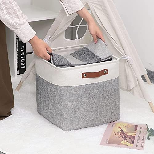 DULLEMELO Large Cube Storage Bin 13x13 Fabric Square Basket for Organizing, 13 inch Storage Cube for Closet, Laundry, Shelves(White&Gray)