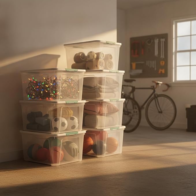 4 Pack 85 Quart Large Latching Storage Box Bin with Wheels, Clear