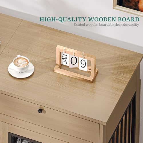DWVO 60 Inch Double Dog Crate Furniture for 2 Dogs, Heavy Duty Wooden Dog Crate TV Stand with Removable Divider & Storage Drawers, Dogs Kennel Indoor Furniture Double Sliding Barn Door, Light Beige