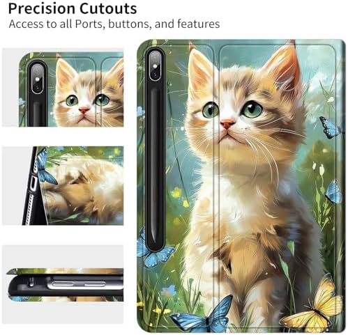 Case for Samsung Galaxy Tab S8 Plus 2022/S7 FE 2021/S7 Plus 2020 12.4" | Slim Leather Smart Cover with Multi-Angle Anti-Slip Stand [Auto Wake/Sleep] Shell for Women Men, Lawn Cat Butterfly