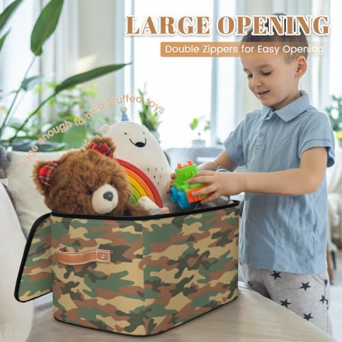 Green Camouflage Storage Box with Zipper Lid | Collapsible, Fabric, Storage Bin, Handle, Large, Closet Organizer, Containers, Bedroom, Home, Green Camo