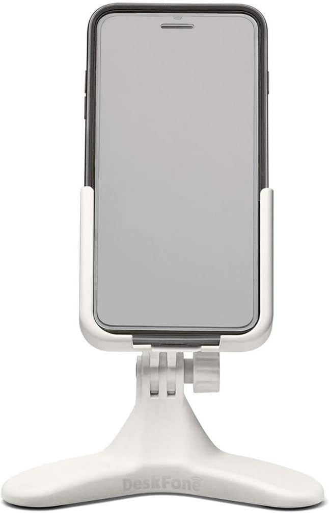 WeatherTech DeskFone in White - Adjustable, Universal Cell Phone Holder Mount Stand for Desk, Counter, Table - Tripod Design for iPhone & Smartphone Charging - Black Metal Knobs